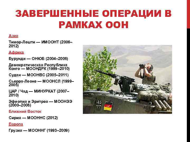 ЗАВЕРШЕННЫЕ ОПЕРАЦИИ В РАМКАХ ООН Азия Тимор-Лешти — ИМООНТ (2006– 2012) Африка Бурунди —