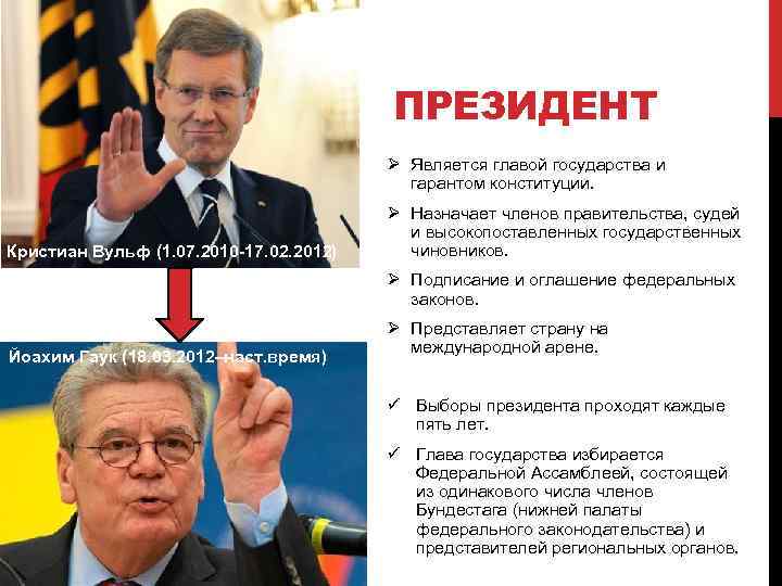 ПРЕЗИДЕНТ Ø Является главой государства и гарантом конституции. Кристиан Вульф (1. 07. 2010 -17.