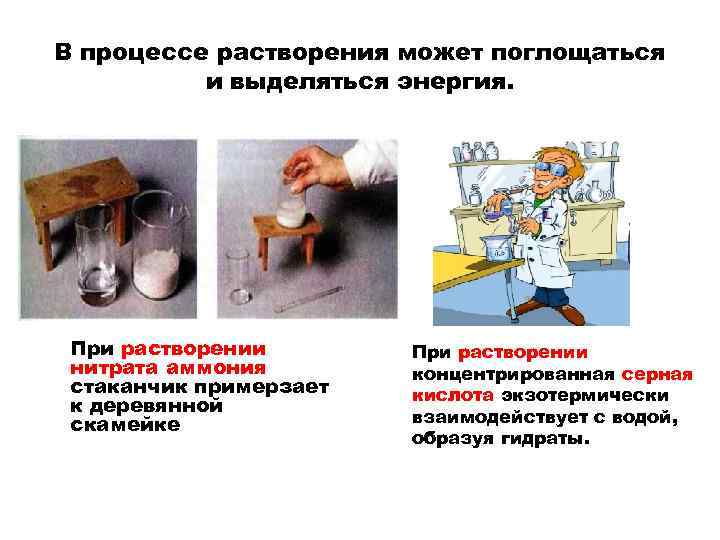 В процессе растворения может поглощаться и выделяться энергия. При растворении нитрата аммония стаканчик примерзает