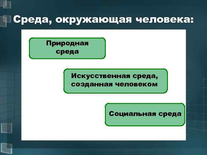 Среда, окружающая человека: Природная среда Искусственная среда, созданная человеком Социальная среда 