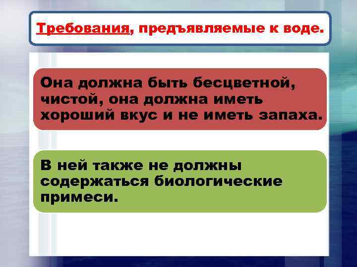 Требования, предъявляемые к воде. Она должна быть бесцветной, чистой, она должна иметь хороший вкус