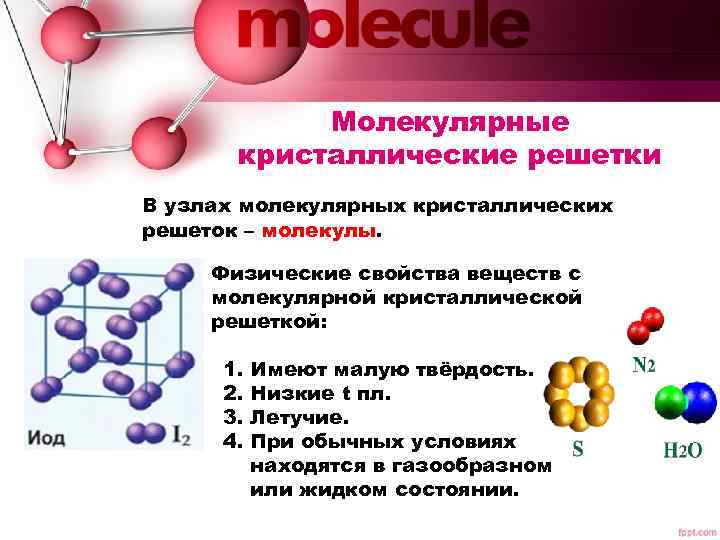 Молекулярные кристаллические решетки В узлах молекулярных кристаллических решеток – молекулы. Физические свойства веществ с