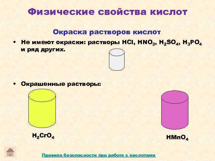 Физические свойства кислот Окраска растворов кислот • Не имеют окраски: растворы HCl, HNO 3,