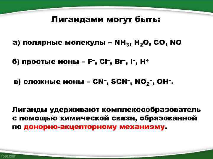 Лигандами могут быть: а) полярные молекулы – NH 3, Н 2 О, CO, NO