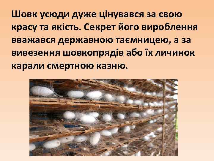 Шовк усюди дуже цінувався за свою красу та якість. Секрет його вироблення вважався державною