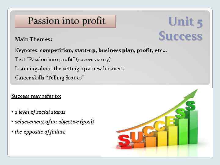 Passion into profit Main Themes: Unit 5 Success Keynotes: competition, start-up, business plan, profit,