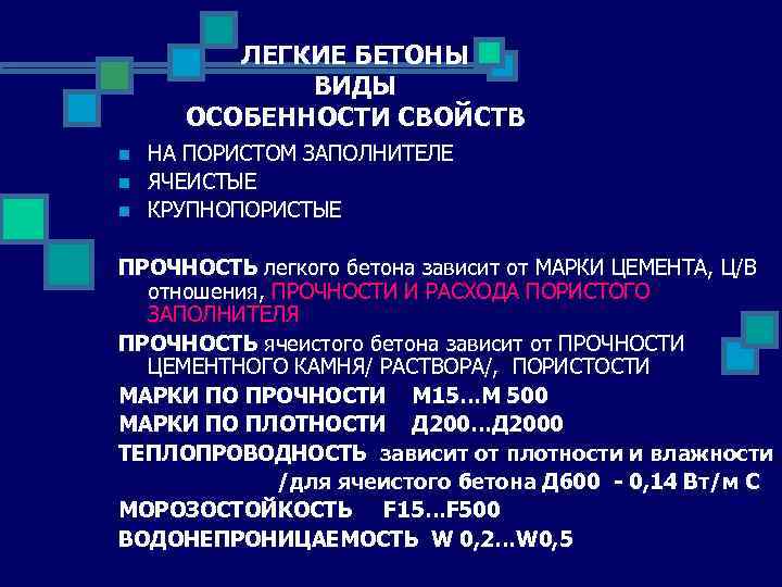 ЛЕГКИЕ БЕТОНЫ ВИДЫ ОСОБЕННОСТИ СВОЙСТВ n n n НА ПОРИСТОМ ЗАПОЛНИТЕЛЕ ЯЧЕИСТЫЕ КРУПНОПОРИСТЫЕ ПРОЧНОСТЬ