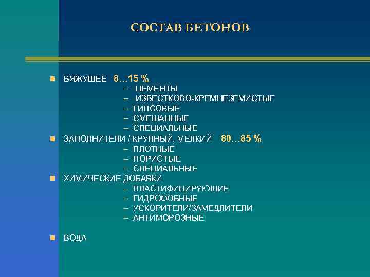 СОСТАВ БЕТОНОВ ВЯЖУЩЕЕ 8… 15 % – ЦЕМЕНТЫ – ИЗВЕСТКОВО-КРЕМНЕЗЕМИСТЫЕ – ГИПСОВЫЕ – СМЕШАННЫЕ