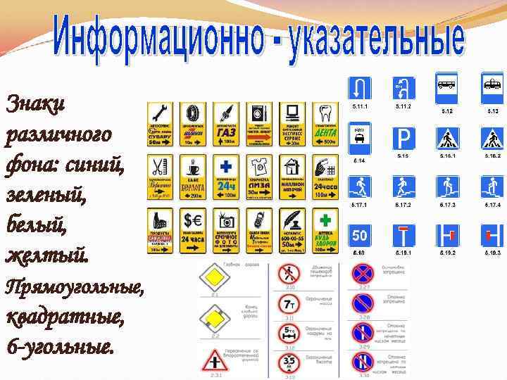 Знаки различного фона: синий, зеленый, белый, желтый. Прямоугольные, квадратные, 6 -угольные. 