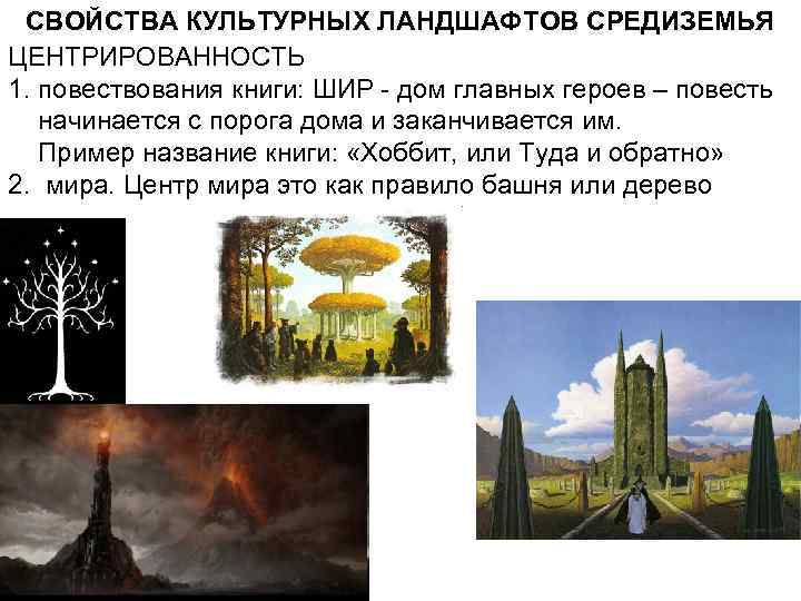 СВОЙСТВА КУЛЬТУРНЫХ ЛАНДШАФТОВ СРЕДИЗЕМЬЯ ЦЕНТРИРОВАННОСТЬ 1. повествования книги: ШИР - дом главных героев –