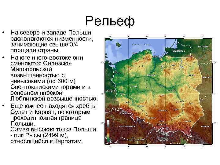 Рельеф • На севере и западе Польши располагаются низменности, занимающие свыше 3/4 площади страны.