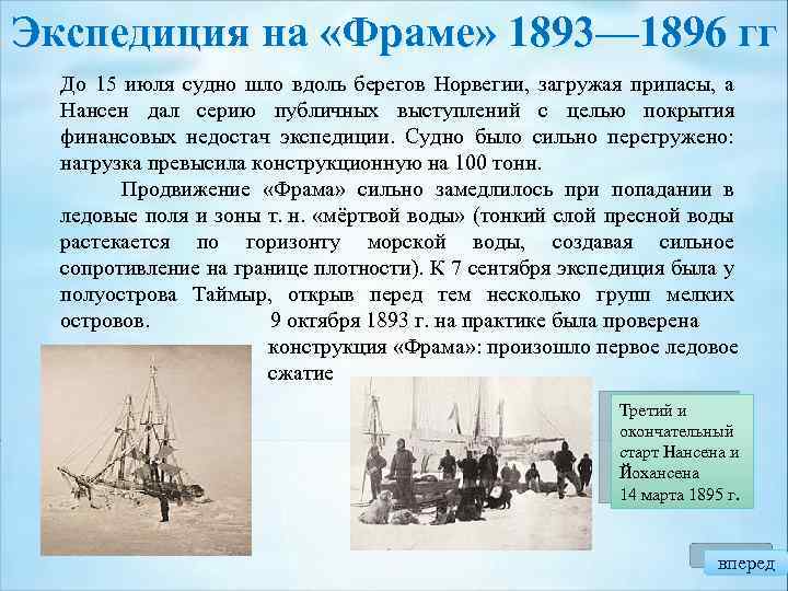 Экспедиция на «Фраме» 1893— 1896 гг До 15 июля судно шло вдоль берегов Норвегии,