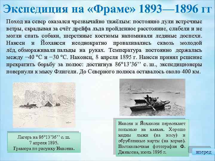 Экспедиция на «Фраме» 1893— 1896 гг Поход на север оказался чрезвычайно тяжёлым: постоянно дули