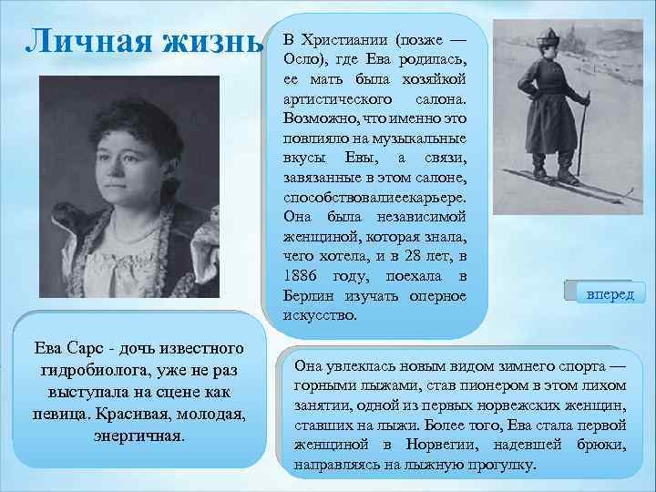 Личная жизнь Ева Сарс - дочь известного гидробиолога, уже не раз выступала на сцене