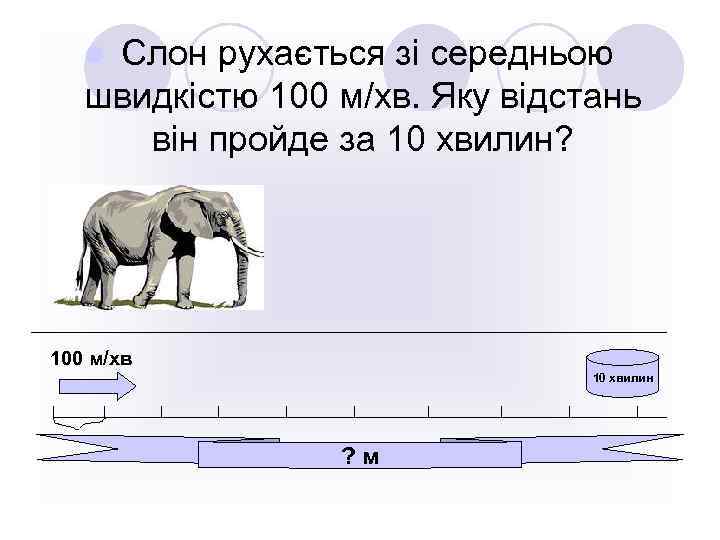 Слон рухається зі середньою швидкістю 100 м/хв. Яку відстань він пройде за 10 хвилин?