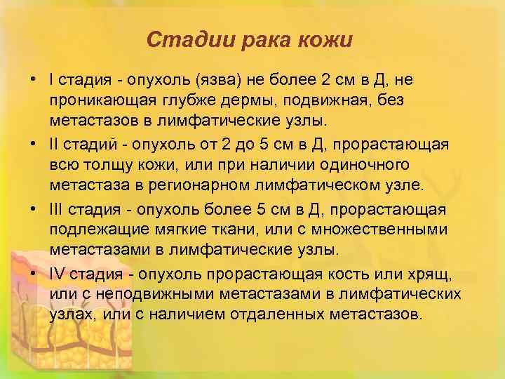 Стадии рака кожи • I стадия - опухоль (язва) не более 2 см в