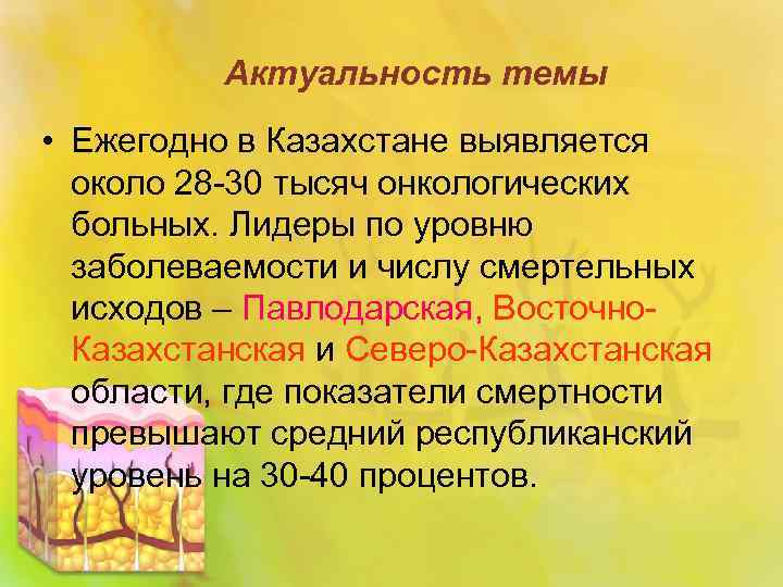 Актуальность темы • Ежегодно в Казахстане выявляется около 28 -30 тысяч онкологических больных. Лидеры