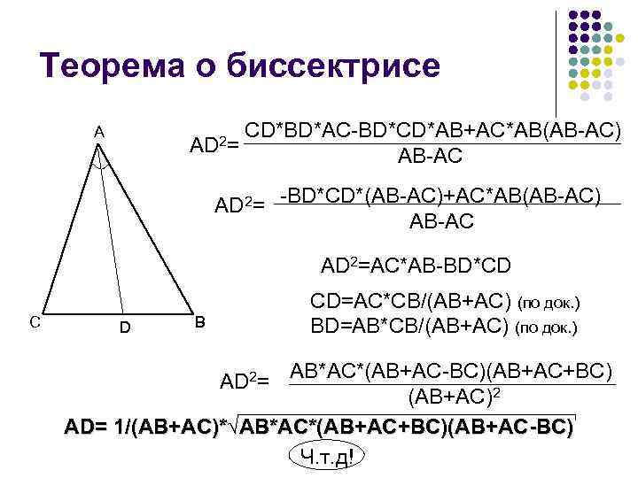 Теорема о биссектрисе A AD 2= CD*BD*AC-BD*CD*AB+AC*AB(AB-AC) AB-AC AD 2= -BD*CD*(AB-AC)+AC*AB(AB-AC) AB-AC AD 2=AC*AB-BD*CD