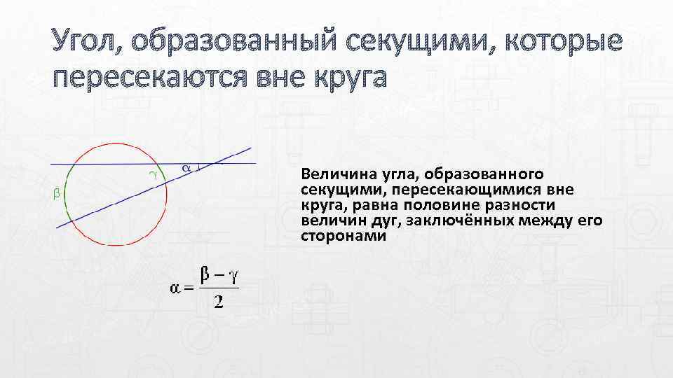 Теорема об угле. Угол между двумя секущими пересекающимися вне круга. Величина угла образованного секущими пересекающимися вне круга. Угол между секущими. Величина угла между секущими.