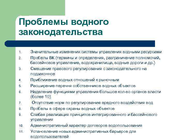 Проблемы водного законодательства 1. 2. 3. 4. 5. 6. 7. 8. 9. 10. 11.