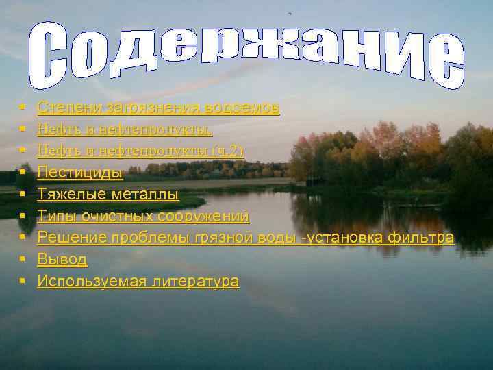 § § § § § Степени загрязнения водоемов Нефть и нефтепродукты (ч. 2) Пестициды