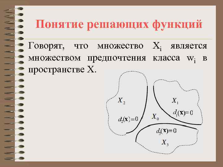 Понятие решающих функций Говорят, что множество Хi является множеством предпочтения класса wi в пространстве