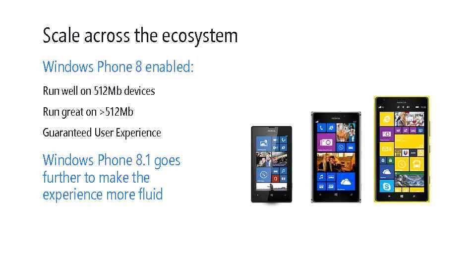 Scale across the ecosystem Windows Phone 8 enabled: Run well on 512 Mb devices