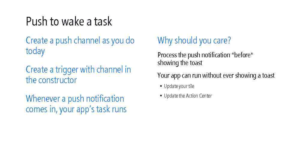 Push to wake a task Create a push channel as you do today Create