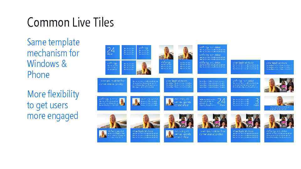 Common Live Tiles Same template mechanism for Windows & Phone More flexibility to get
