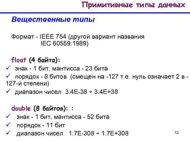 Примитивные типы данных Вещественные типы Формат - IEEE 754 (другой вариант названия IEC 60559: