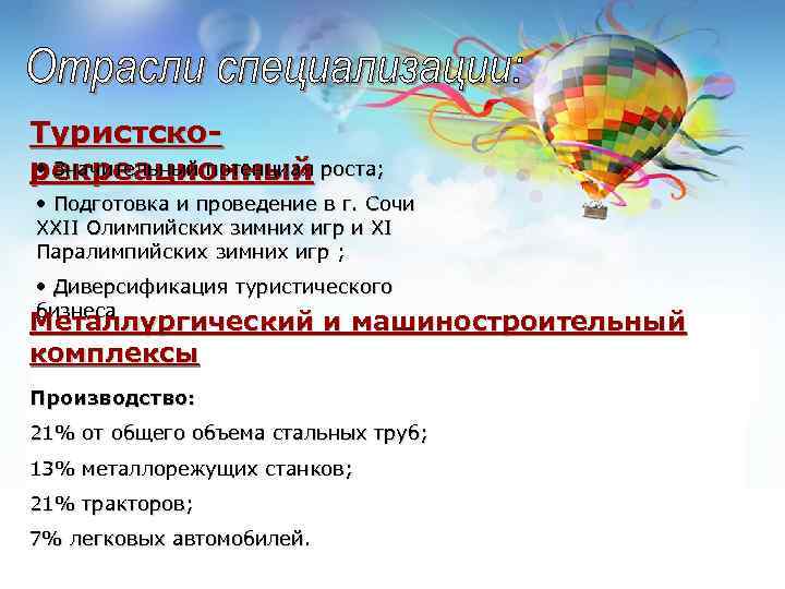 Туристско • Значительный потенциал роста; рекреационный • Подготовка и проведение в г. Сочи ХХII