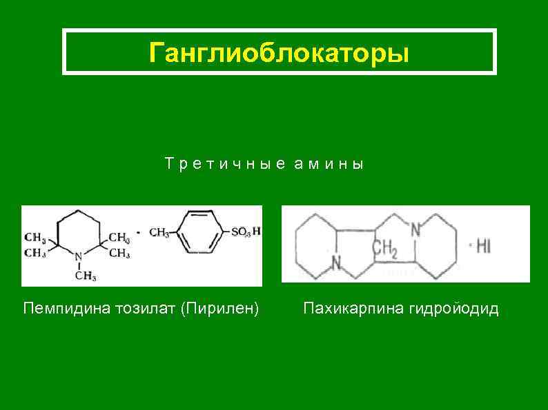 Ганглиоблокаторы Третичные амины Пемпидина тозилат (Пирилен) Пахикарпина гидройодид 