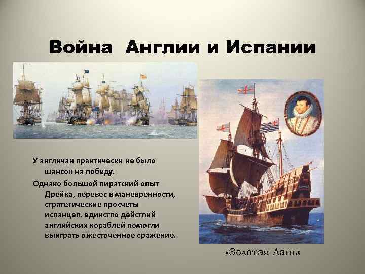 Война Англии и Испании У англичан практически не было шансов на победу. Однако большой