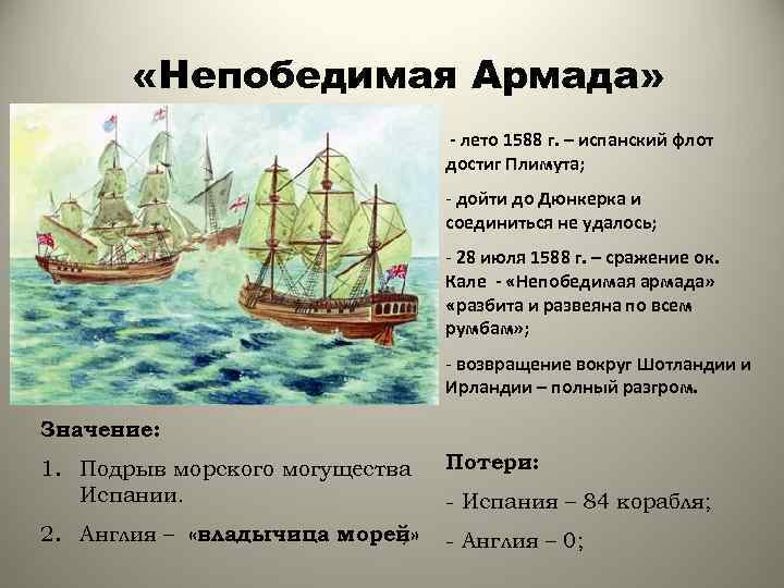  «Непобедимая Армада» - лето 1588 г. – испанский флот достиг Плимута; - дойти