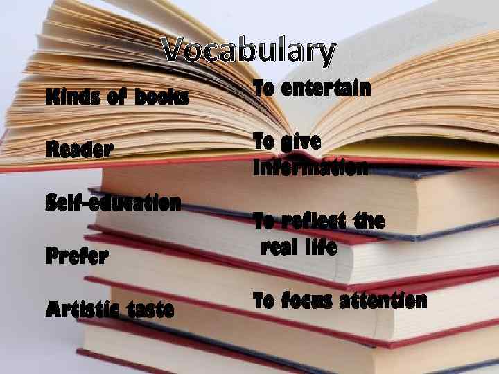 Vocabulary Kinds of books To entertain Reader To give Information Self-education Prefer To reflect