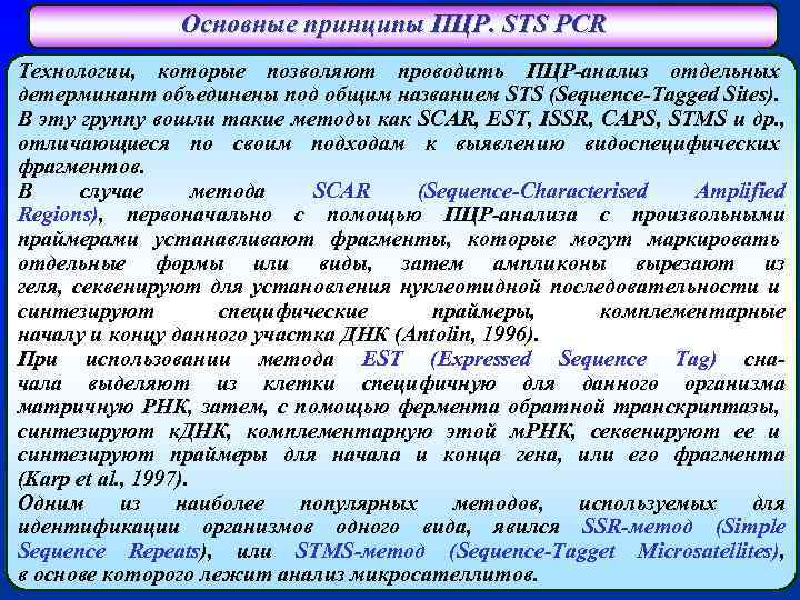 Основные принципы ПЦР. STS PCR Технологии, которые позволяют проводить ПЦР-анализ отдельных детерминант объединены под