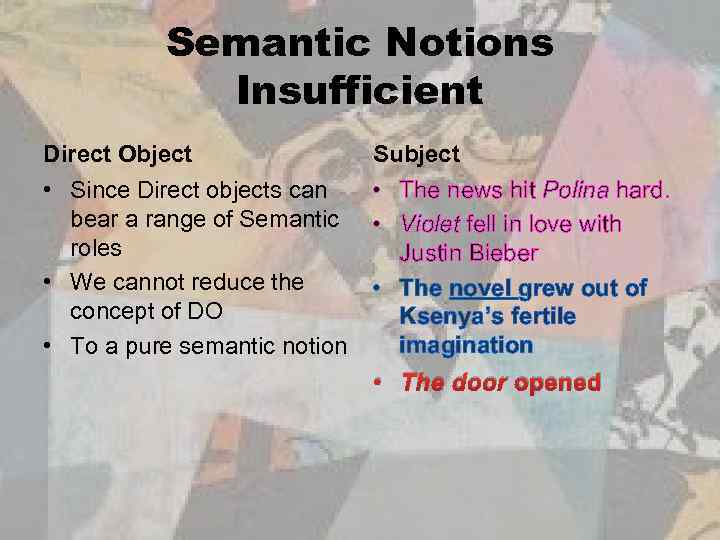 Semantic Notions Insufficient Direct Object Subject • Since Direct objects can bear a range
