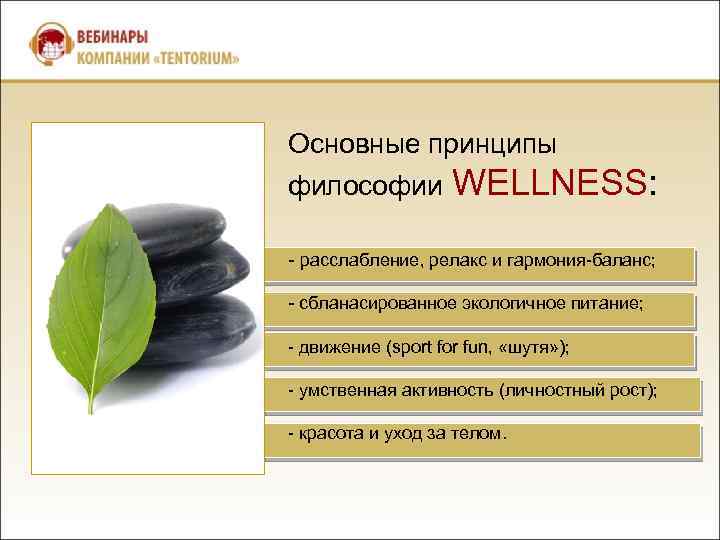 Основные принципы философии WELLNESS: - расслабление, релакс и гармония-баланс; - сбланасированное экологичное питание; -