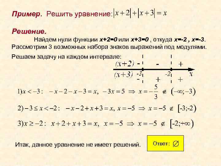 Пример. Решить уравнение: . Решение. Найдем нули функции x+2=0 или x+3=0 , откуда x=-2