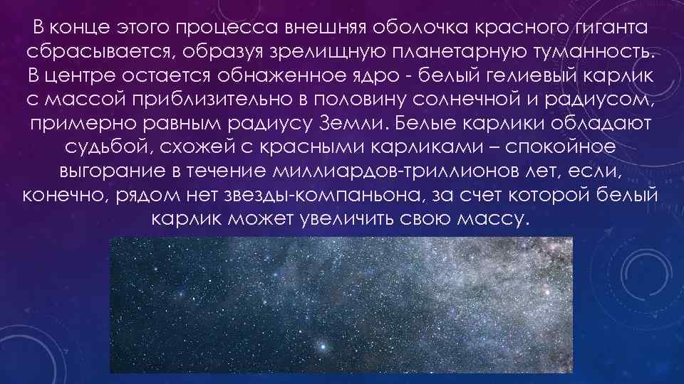 В конце этого процесса внешняя оболочка красного гиганта сбрасывается, образуя зрелищную планетарную туманность. В