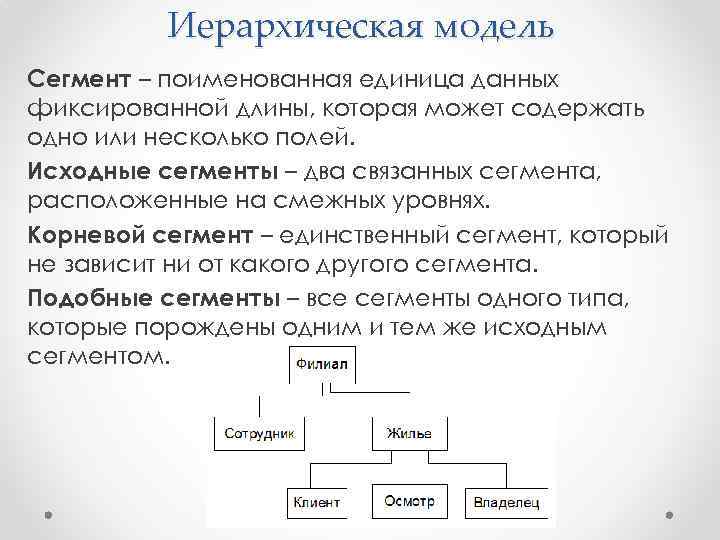 Иерархическая модель Сегмент – поименованная единица данных фиксированной длины, которая может содержать одно или