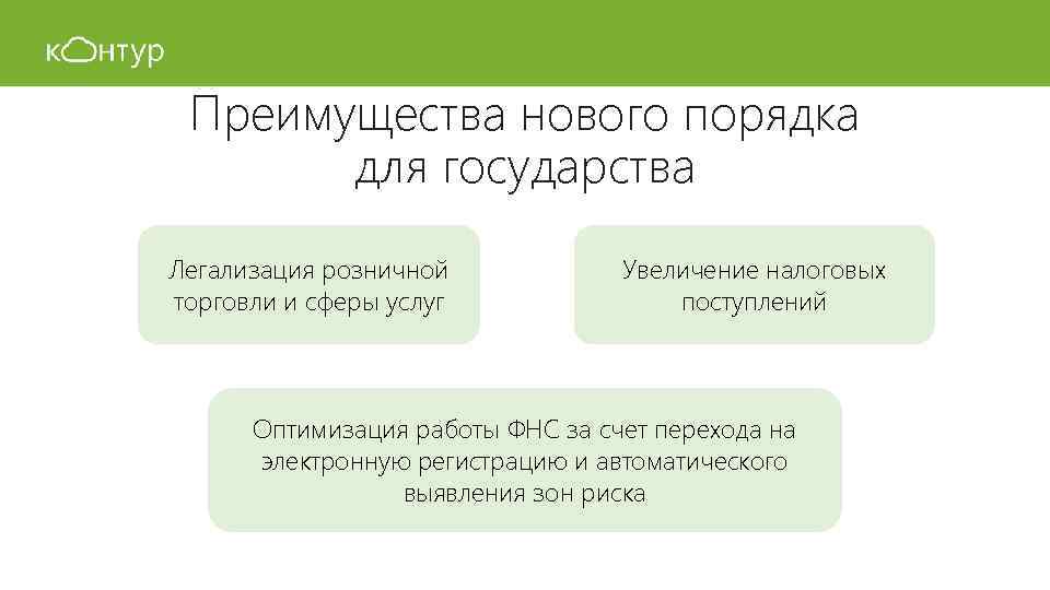 Преимущества нового порядка для государства Легализация розничной торговли и сферы услуг Увеличение налоговых поступлений