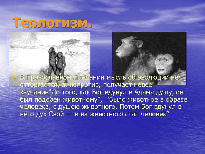 Теологизм. • В Православном Предании мысль об эволюции не отторгается, а, напротив, получает новое