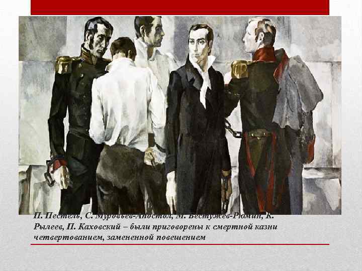 П. Пестель, С. Муровьев-Апостол, М. Бестужев-Рюмин, К. Рылеев, П. Каховский – были приговорены к