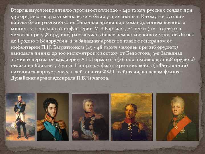 Вторгшемуся неприятелю противостояли 220 - 240 тысяч русских солдат при 942 орудиях - в