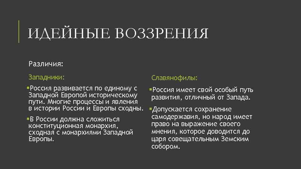 ИДЕЙНЫЕ ВОЗЗРЕНИЯ Различия: Западники: Славянофилы: §Россия развивается по единому с §Россия имеет свой особый