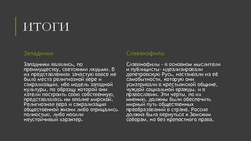 ИТОГИ Западники Славянофилы Западники являлись, по преимуществу, светскими людьми. В их представлениях зачастую вовсе