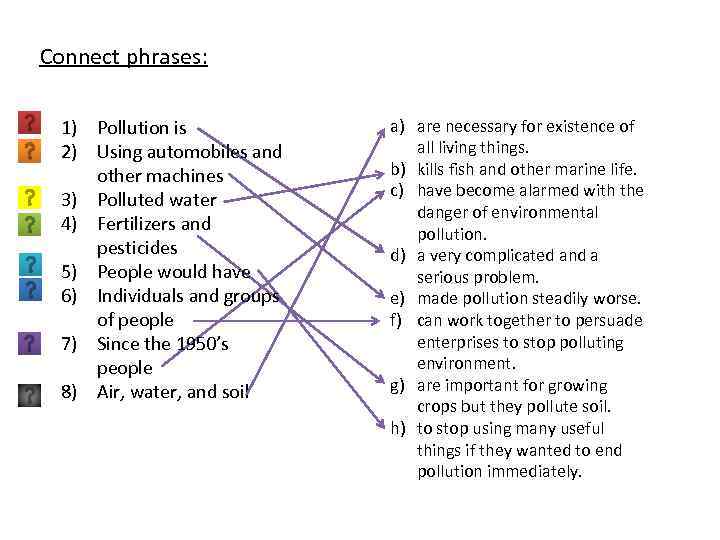 Connect phrases: 1) Pollution is 2) Using automobiles and other machines 3) Polluted water