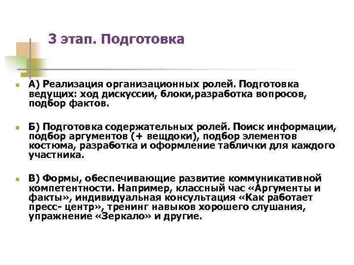 3 этап. Подготовка n n n А) Реализация организационных ролей. Подготовка ведущих: ход дискуссии,