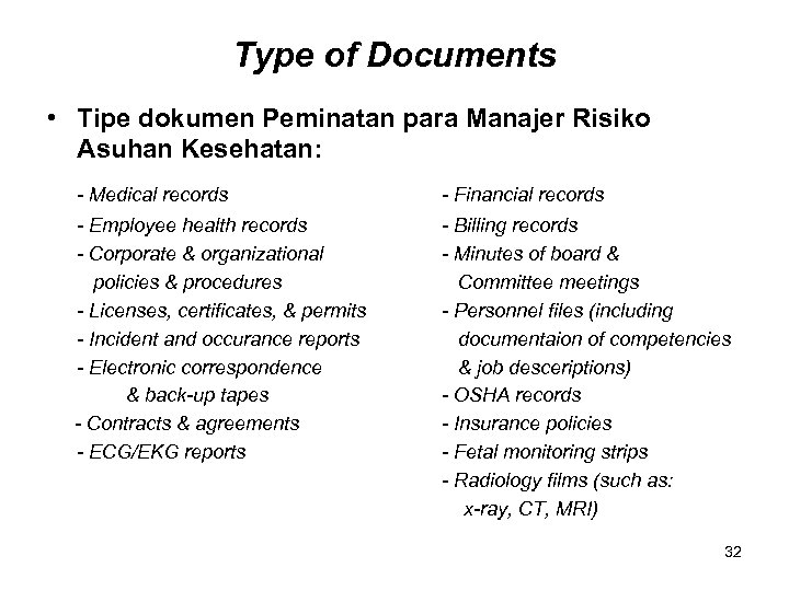 Type of Documents • Tipe dokumen Peminatan para Manajer Risiko Asuhan Kesehatan: - Medical